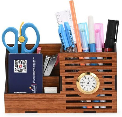 Somil 3 Compartments Wood Wooden Pen / Pencil Stand With Visiting Card & Mobile Holder For Desk Organizers(Brown)