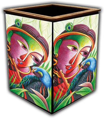 pnf 1 Compartments wooden Colourful Wooden Pen Stand with photo of Radha Krishna -1656(Multicolor)