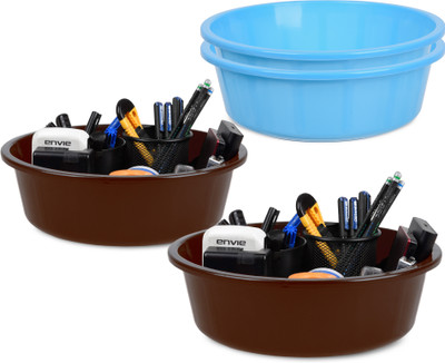 KUBER INDUSTRIES 4 Compartments Plastic Desk Organizer(Blue, Brown)