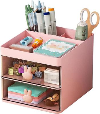 HOUSE OF QUIRK 5 Compartments Plastic Desk & Accessories With 3 Compartments + 2 Drawer For Office Art-13x15x11.5 Cm(Pink)