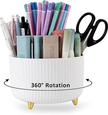 Nexvox 5 Compartments Plastic Organizer 360° Rotating Multipurpose Storage Desk Organizer Pen Stand(White)
