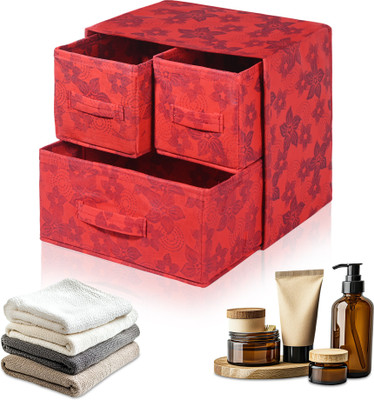 KUBER INDUSTRIES 3 Compartments Non-Woven Drawer Box(Red)