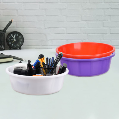 KUBER INDUSTRIES 3 Compartments Plastic Desk Organizer(Purple & Red & White)