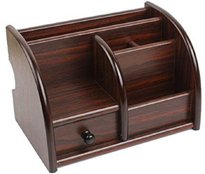 NISHIV 6 Compartments wooden Mart Polished Wooden Pen Stand Big Size with Drawer(Brown)