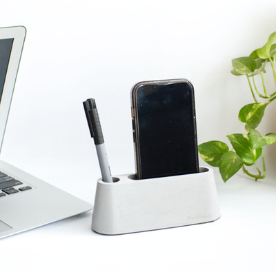 Dwell dapper 2 Compartments Concrete Mobile and Pen Stand(Grey)
