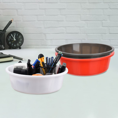 KUBER INDUSTRIES 3 Compartments Plastic Desk Organizer(Red & Gray & White)