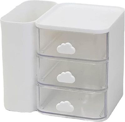 HOUSE OF QUIRK 4 Compartments Plastic Drawer Storage Box, Plastic Multi-Layer Small Storage Box-11.5x13.4x10 Cm(White)