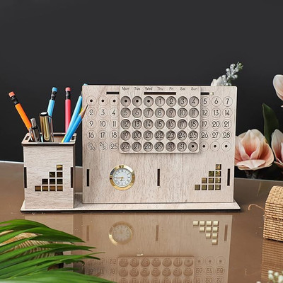 UrbanLane 1 Compartments Wooden Pen holder and calander(Brown)