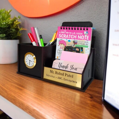 Giftingcare 3 Compartments Wooden Desk Organizer with Clock | Desk Calendar | Desk Accessories(Black)