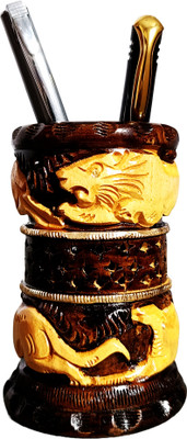 Kachawa genics 1 Compartments Wooden Antique pen stand with intricate jungle wildlife design, perfect for office desk(Brown)