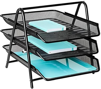 Kavid 3 Compartments Matal 3 tier file rack(Black)