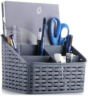 Meswarn 5 Compartments Plastic Plastic Multipurpose Stand Desk Organiser for Cosmetic, Pen, Mobile, Remote(Grey)