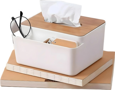 Jinila 3 Compartments Plastic Tissue Paper Holder with Stationery, Remote, Sunglasses Storage Box(White)