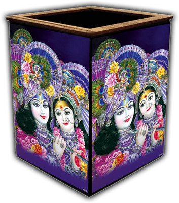 pnf 1 Compartments wooden Colourful Wooden Pen Stand with photo of Radha Krishna -20825(Multicolor)