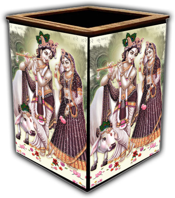 pnf 1 Compartments wooden Colourful Wooden Pen Stand with photo of Radha Krishna -20029(Multicolor)