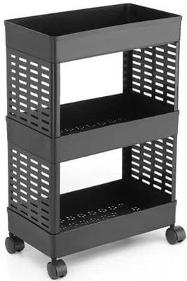 AKTOM 3 Compartments Plastic Trolley Rack with Wheels,Plastic Kitchen Storage Organizer Shelfs for Home(Black)