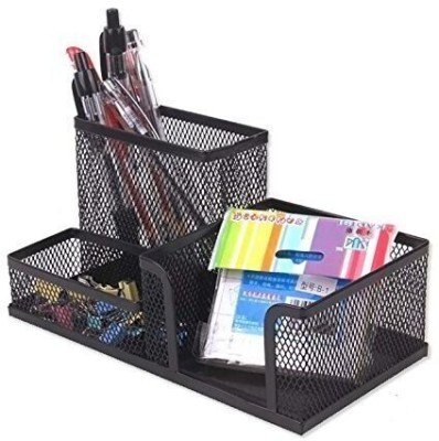 Stuti 3 Compartments Metal Pen Stand(Black)