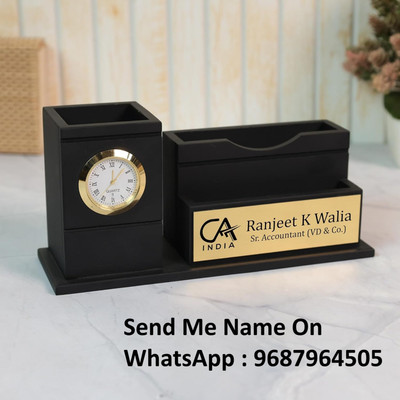 ASIMAGEMS 3 Compartments Desk Organizer with Personalized Name Plate | Clock, Card, Phone & Pen Holder | Best Gift for Chartered Accountants & Executives(Black)