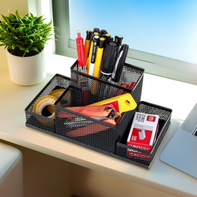 UMAI 4 Compartments Steel Office Desk Accessories Organizer(Black)