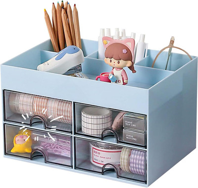 HOUSE OF QUIRK 8 Compartments Plastic Desk Organiser with Drawer Multifunctional Desk Organizer- 21DX14.5WX12.5H Cm(Blue)