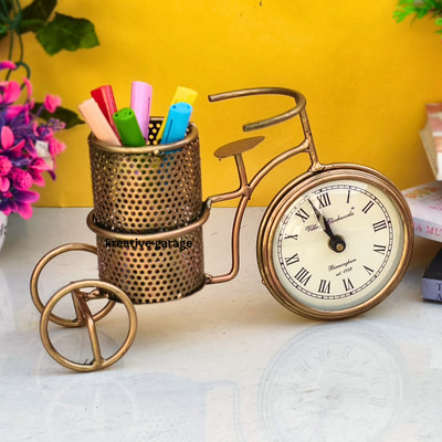 kreative garage 1 Compartments Iron Golden Antique Cycle Pen Stand With Clock,Table decor ;office decor(Gold)