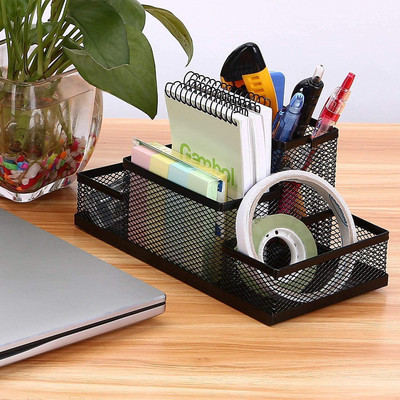 ASIMAGEMS 4 Compartments Multipurpose Metal Pen Stand & Pencil Holder For Office Table Accessories Desk Organizer(Black)