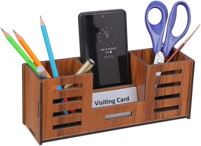 OCHHAV 4 Compartments Desk Organizer With Pen/Pencil/Mobile/Visiting Card Stand For Office Table Stand Wooden Pen & Pencil Stand With Visiting Card & Mobile Holder For Desk organizers(Brown)