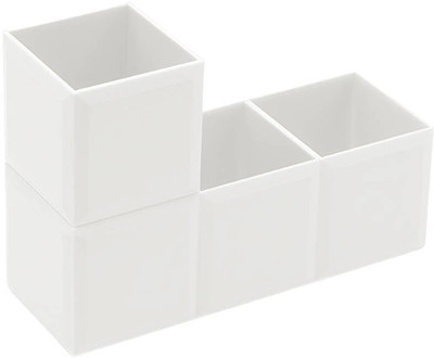 Corporate Culture 3 Compartments Plastic Pen Holder Lego for Desk with Removable Block| Multipurpose Pen Stand for Office(White)