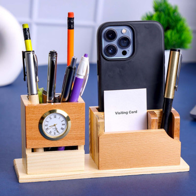 UrbanLane 3 Compartments Wooden Pen holder(White)