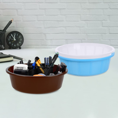 KUBER INDUSTRIES 3 Compartments Plastic Desk Organizer(Sky Blue & White & Brown)