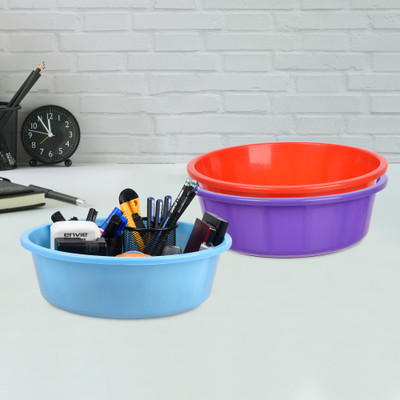 KUBER INDUSTRIES 3 Compartments Plastic Desk Organizer(Purple & Red & Sky Blue)