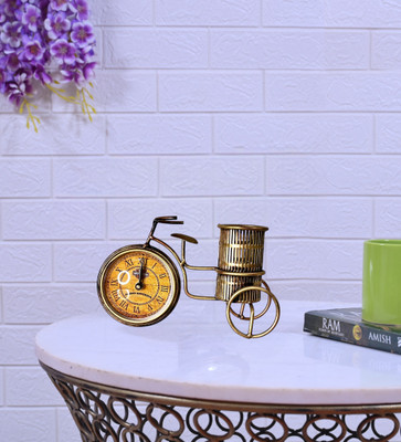 Indraj Premium Craft 1 Compartments Metal Decorative Cycle Clock With Pen Holder/Stand For Office, Home Table Decor(Golden-Brown)