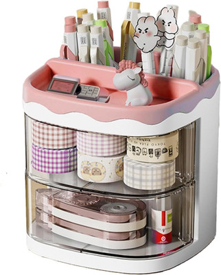 HOUSE OF QUIRK 4 Compartments Plastic Stationery Storage Box With Rotating Drawer Pen Holder Desktop -11X11X11.5 Cm(Pink)
