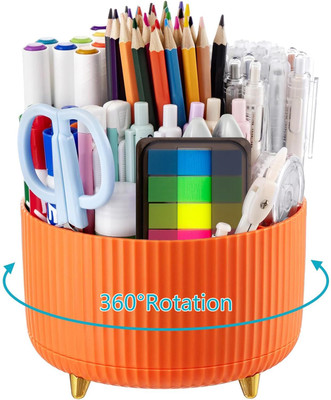 CountryLink 5 Compartments ABS Plastic Orange 360°-Degree Rotating Multi-Functional Pen Holder, Office Desk Organizer(Orange)