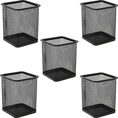 VeleSolv 5 Compartments Metal Mesh Pen Stand & Pencil Holder Square Stand for Office, School, and Study Desk(Black)