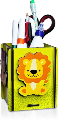 Raptech 1 Compartments Wooden Cute 3D Lion Pen Holder for Kids |Animal-Themed Desk Organizer for Stationery(Yellow)