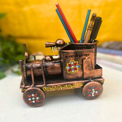 kreative garage 1 Compartments Iron Metal Engine shape Rustic look pen Stand Antique Metal Pen stand(Rustic Brown)