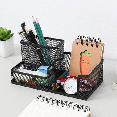 QUICK UNBOX 3 Compartments Steel Stationery Pen Pencil Ruler Sticky Pads Cards Stapler Mobile Remote(Black)