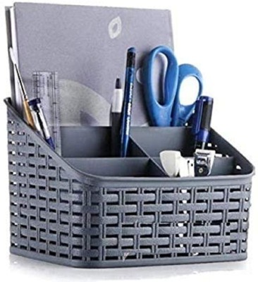 Eagean 5 Compartments Plastic Pen Stand(Grey)