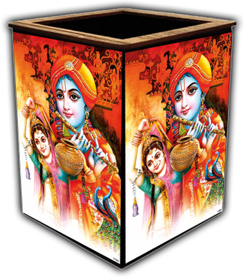 pnf 1 Compartments wooden Colourful Wooden Pen Stand with photo of Radha Krishna -17382(Multicolor)