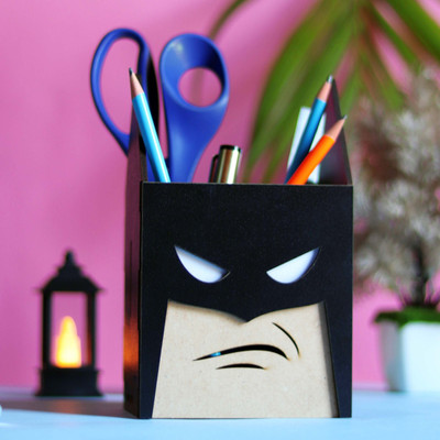 Deskart 3 Compartments Wooden Batman Desk Organizer Pen Stand(Black)