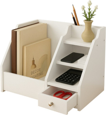 EBOFAB 6 Compartments Plastic Desk Tidy Organiser White Office Stationery Desktop Storage Holder with Drawer(White)