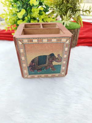 ftj 3 Compartments Wooden Pen Stand(Brown)