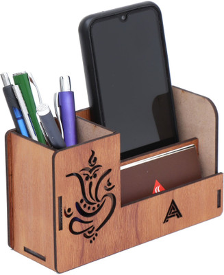 Anshu 3 Compartments Wooden Pen Stand With Visiting Card & Mobile Holder(Brown)