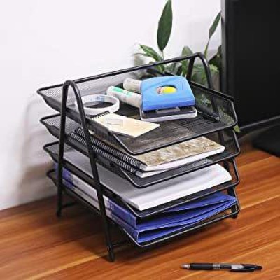 OnisHomes 4 Compartments Mesh Metal File Rack Tray Desk Organizer(Black)