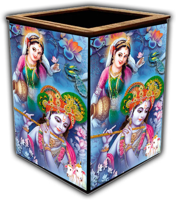 pnf 1 Compartments wooden Colourful Wooden Pen Stand with photo of Radha Krishna -4270(Multicolor)