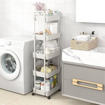 AK10ZONE 5 Compartments Plastic Rolling Cart with Lockable Wheels,Multifunctional Storage Shelves with Handle(White)