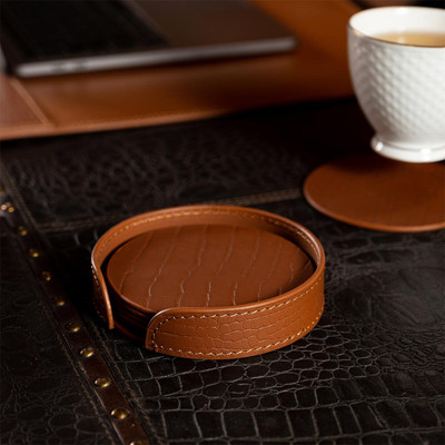 Three Sixty 1 Compartments Leather Round Coasters Set of 4 with Holder(Tan)