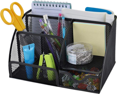 Goodwill Tech 6 Compartments Metal 6 Compartment Multi-Functional Black Metal Pen Stand Mesh Style Desk Organizer(Black)