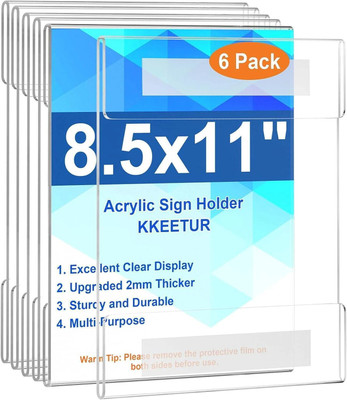 Wizzartprints 1 Compartments Clear Plastic Sign Holders 6Pcs Acrylic Sign Holder 8.5 x 11 Wall Mount(Transparent)